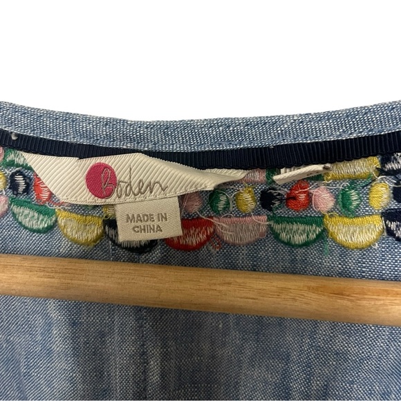 Boden Heidi Blue Embroidered Puff Short Sleeve V-Neck Linen Top US 12 - Picture 4 of 5